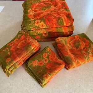 Vintage Fieldcrest Orange and Green Poppies Fringe Towel Set USA Made 1970s Lot